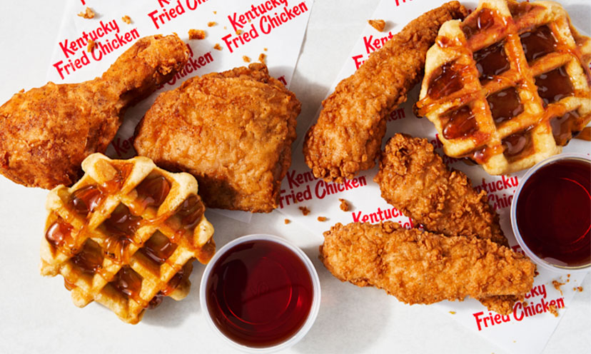 Chicken pieces and tenders with waffles and syrup cups from KFC