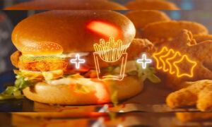 Image of Carls Jr. Chicken Stars and Sandwich with graphics of a chicken sandwich, fries, and stars overlayed