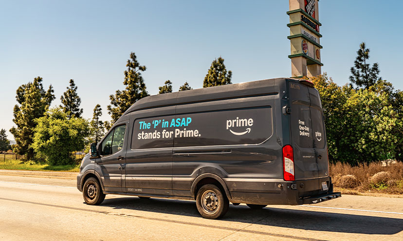 Amazon's delivery vehicle drives down the highway.