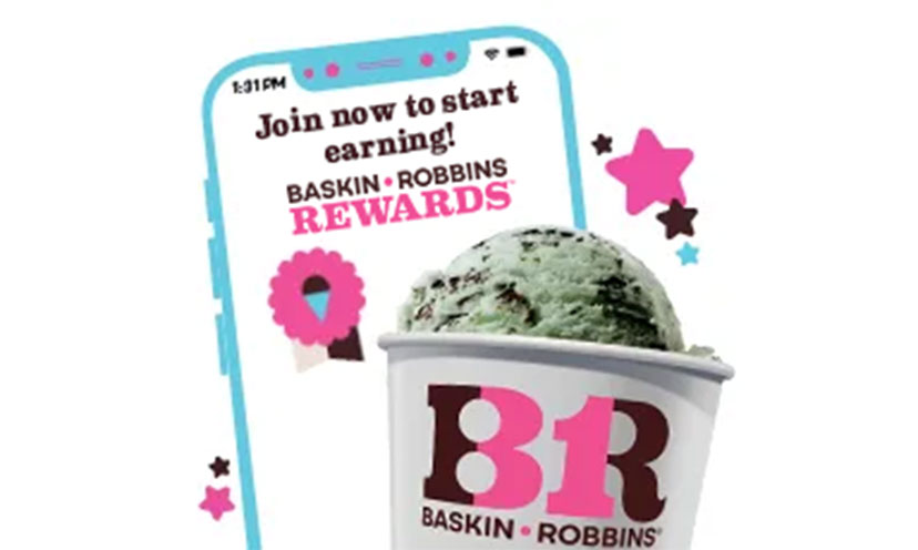 Picture of a phone with the Baskin Robbins rewards app and a scoop of ice cream in a cup 